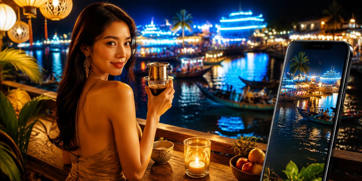 Người dùngxem thông tin VIP và bonus khi nhâm nhi cà phê sáng tại vùng sông Mekong